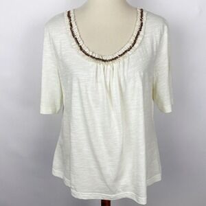 Orvis Ivory Cotton Ruffle Beaded Scoop Neck‎ Tee Womens Size L TShirt Relaxed